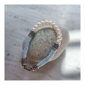 Ross-Simons Pearl, Silver & Leather Bracelet